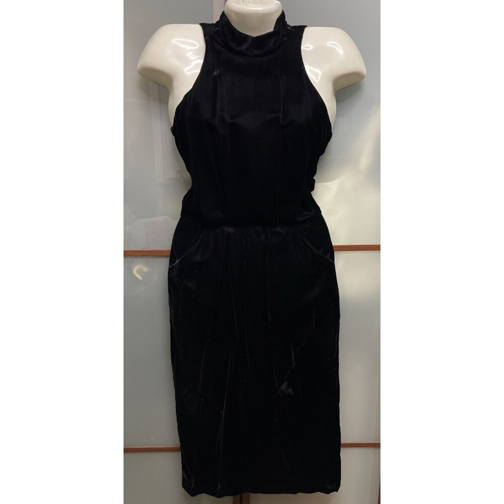 Michael Blair Vintage 80s Black Velvet Long Rhinestone Button Collared Dress 7/8
